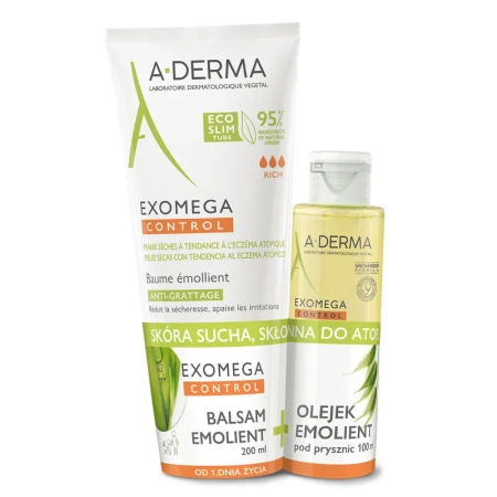 A-Derma Zestaw Exomega Control Balsam emolient 200 ml + Olejek emolient pod prysznic 100 ml