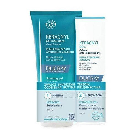 DUCRAY KERACNYL Żel pieniący 200ml + Krem PP+ przeciw niedoskonałościom 30ml