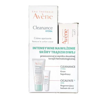 AVENE Zestaw Cleanance Hydra Krem łagodzący 40ml + Cicalfate Baume Balsam do ust 10ml